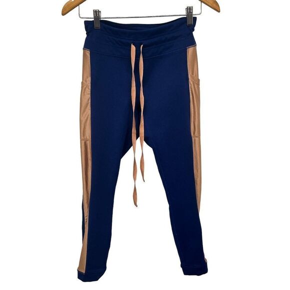 Fabletics Powerhold Define Mid Rise Jogger Style Gold Stripe Blue Leggings - Picture 2 of 10